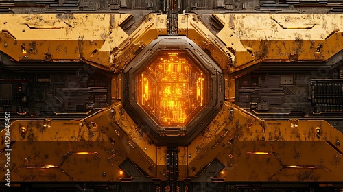 Cybernetic portal with luminous core, complex futuristic machinery backdrop