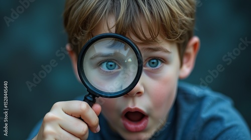 A boy looks with an expression of surprise or curiosity through a magnifying glass.