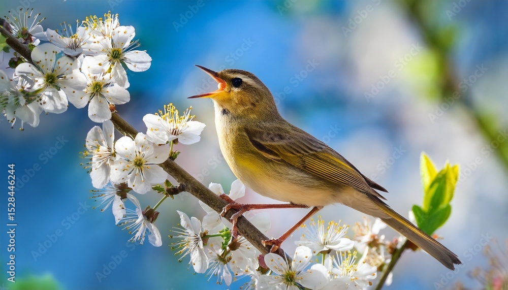 warbler bird singing on blossoming branch in spring garden warbler bird singing on blossoming branch in spring garden
