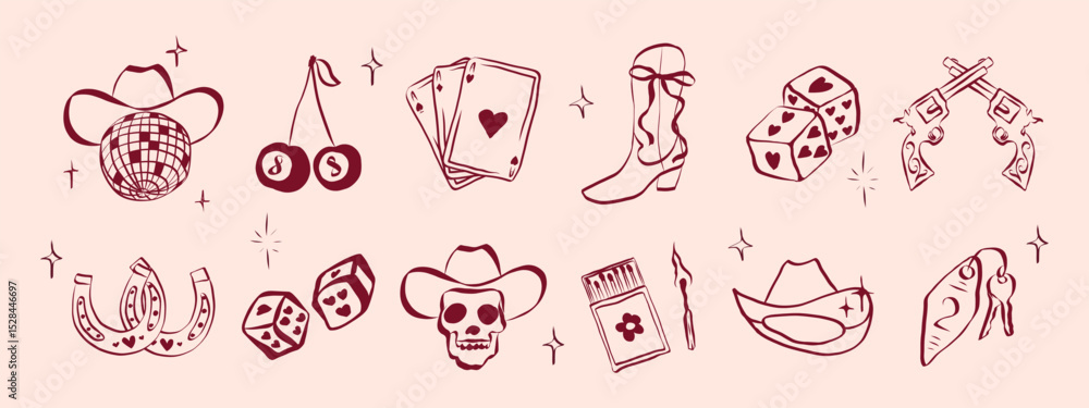 Cowgirl and cowboy set in hand drawn coquette style. Retro whimsical symbols for bachelorette and girls birthday party. Trendy and cute art for holidays banner. Doodle aesthetic vector illustration Cowgirl and cowboy set in hand drawn coquette style. Retro whimsical symbols for bachelorette and girls birthday party. Trendy and cute art for holidays banner. Doodle aesthetic vector illustration