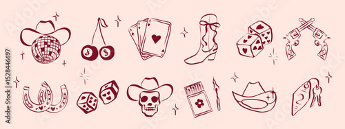 Cowgirl and cowboy set in hand drawn coquette style. Retro whimsical symbols for bachelorette and girls birthday party. Trendy and cute art for holidays banner. Doodle aesthetic vector illustration