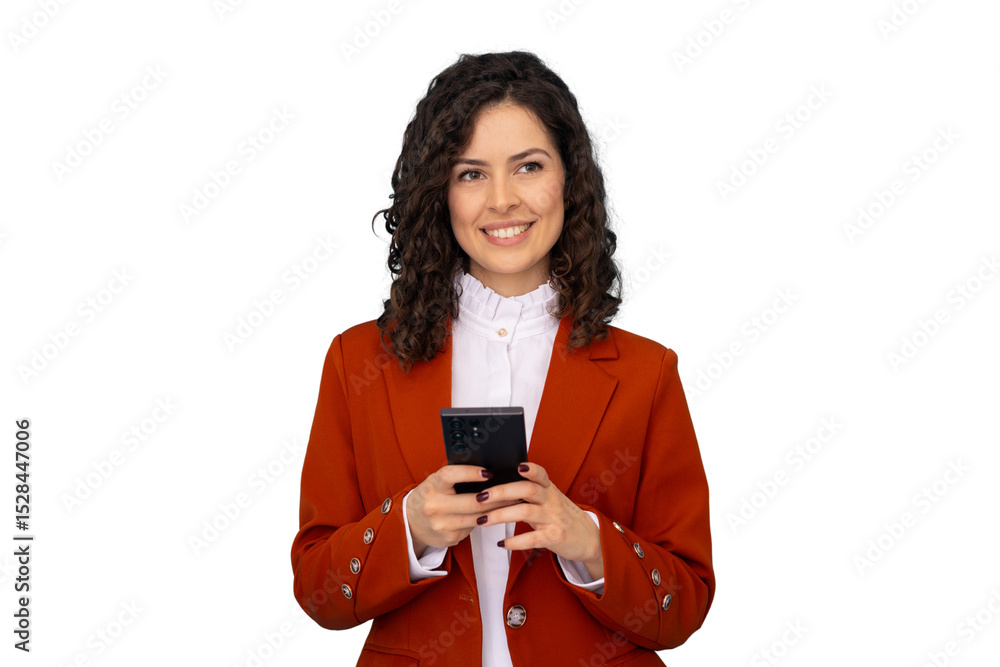 Professional businesswoman smiling, holding smartphone, standing in studio setting with transparent background Professional businesswoman smiling, holding smartphone, standing in studio setting with transparent background