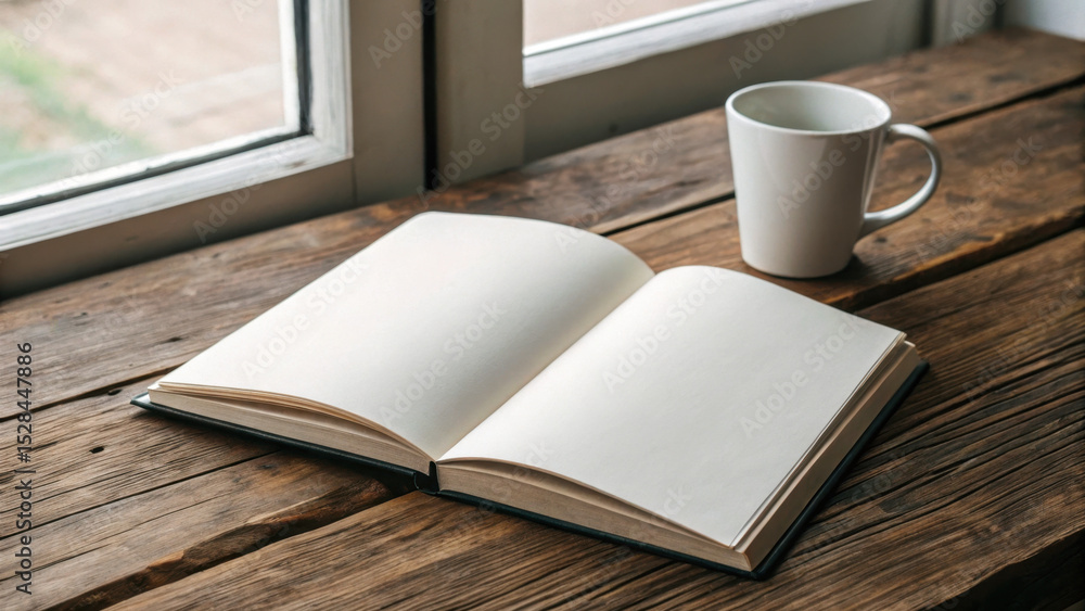 Fototapeta premium Open thin book on rustic wooden table beside cup of coffee by window 