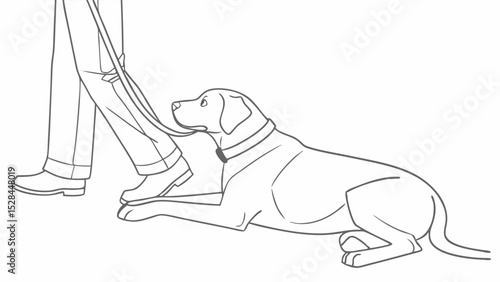 Line art of a dog lying down next to a persons legs