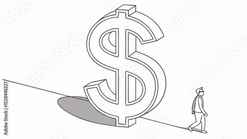 Man walking tightrope towards a large dollar sign illustration