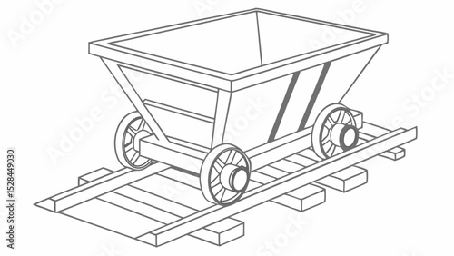 Isometric Line Drawing of a Mine Cart on Tracks