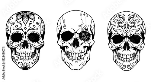 Three stylized skulls artistic designs featuring intricate floral and circuit patterns perfect for tattoo art Day of the Dead Halloween