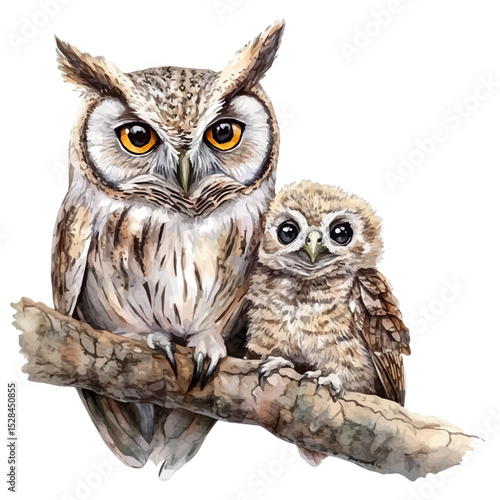 A Mother Owl With Her Kid, watercolor illustration vector, high quality, isolated on a white background.