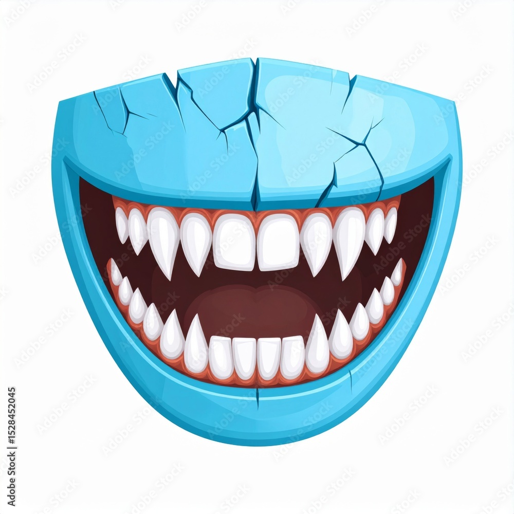 Fototapeta premium Cracked Blue Cartoon Mouth with Sharp Fangs