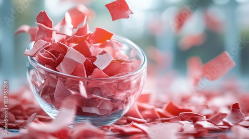 A dynamic image capturing vibrant pieces of candy being scattered into a clear bowl, combining vivid colors and a playful scattering effect to invoke a sense of fun and abundance.