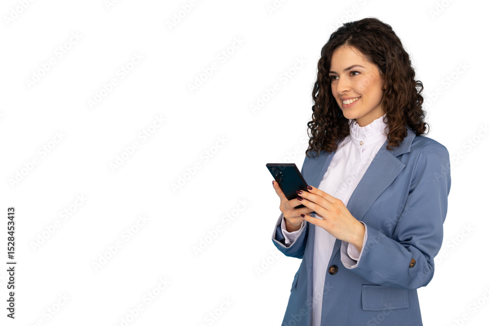 Businesswoman smiling while using smartphone on transparent background, perfect for easy integration into any design project Businesswoman smiling while using smartphone on transparent background, perfect for easy integration into any design project