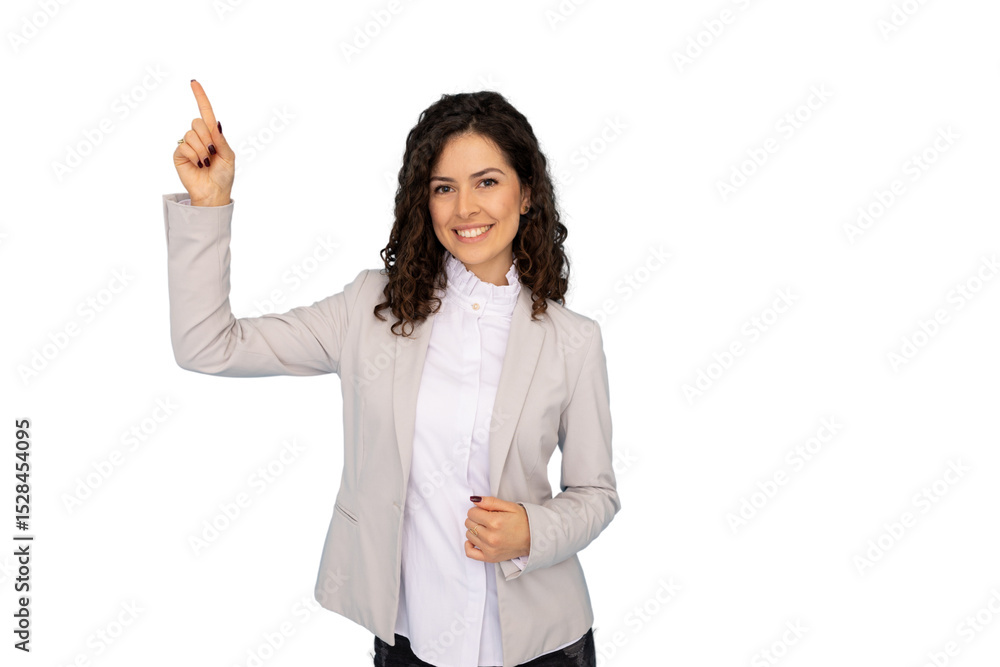 Studio shot of a businesswoman pointing her finger upwards while smiling on a transparent background Studio shot of a businesswoman pointing her finger upwards while smiling on a transparent background