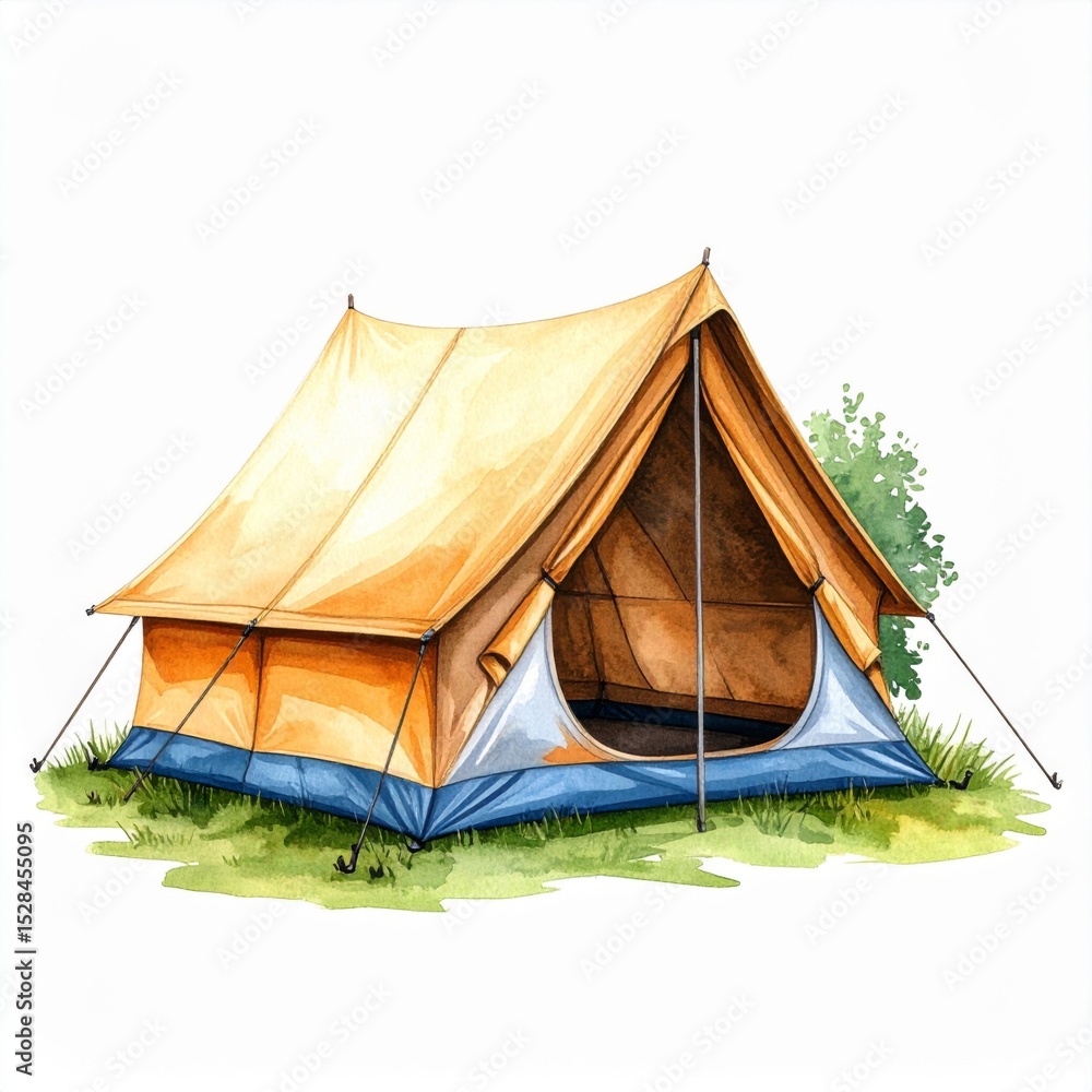 Tan and Blue Watercolor Camping Tent Illustration Tan and Blue Watercolor Camping Tent Illustration