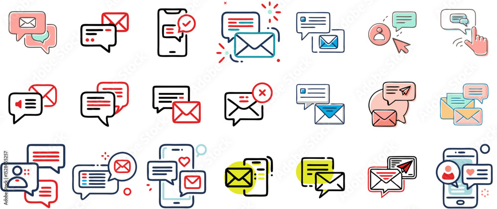 Fototapeta premium Set of 21 colorful vector icons featuring chat bubbles, emails, phones, notifications and messaging symbols. Red, yellow, blue and grey accents. For contact forms, UX design, CRM apps, newsletters