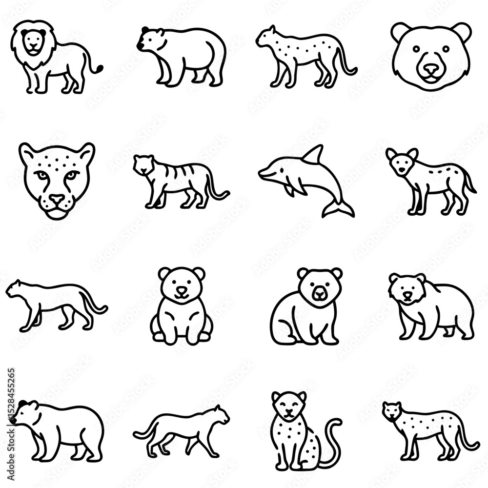 Wild animal icon set with lions, bears, leopards, dolphins and big cats in outlined style. 16 wildlife vector elements. Concept: zoology, safari branding, kids education, educational materials, animal Wild animal icon set with lions, bears, leopards, dolphins and big cats in outlined style. 16 wildlife vector elements. Concept: zoology, safari branding, kids education, educational materials, animal