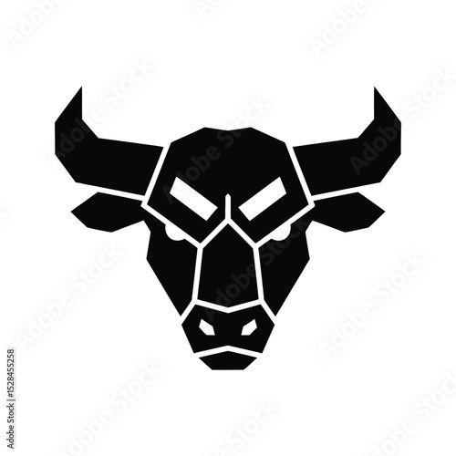 Geometric black bull head illustration with angular shapes and stylized horns on a white background.