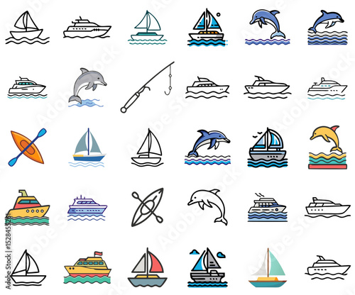 Flat outlined marine icons featuring sailboats, dolphins, kayaks, cruise ships. Includes fishing rods and speedboats For travel apps, water sport guides, summer promotions,summer activity, water sport