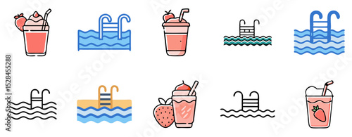 Set of 10 flat vector icons. Stylized swimming pools, ladders, strawberry milkshakes, smoothies. Pink and blue color palette. Perfect for summer ads, resort apps,  holiday menus,hot weather drinks 