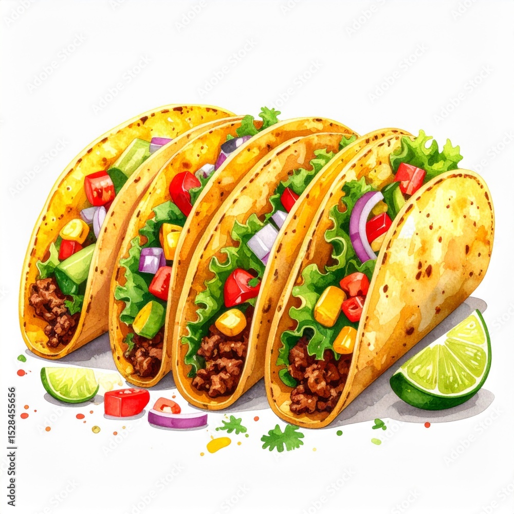 Four Delicious Tacos with Ground Beef and Fresh Vegetables Four Delicious Tacos with Ground Beef and Fresh Vegetables