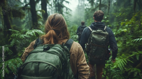 Wallpaper Mural A team of adventurers hiking through a misty forest filled with greenery, portraying the thrill of exploration and the beauty of nature's untouched landscapes in the wild. Torontodigital.ca