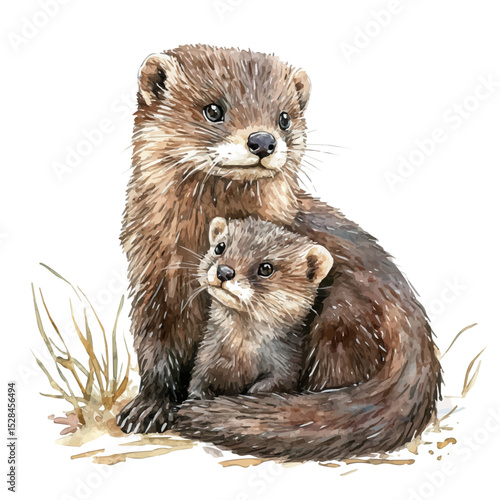 A Mother Mink With Her Kid, watercolor drawing vector, high quality, isolated on a white background.