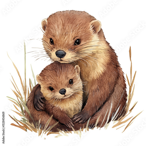 A Mother Mink With Her Kid, watercolor vector, high quality, isolated on a white background.