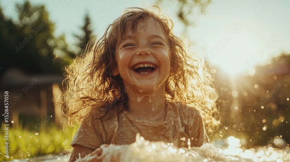 Obraz premium A delighted child laughing and splashing in the water, illuminated by golden sunlight, embodying pure joy and carefree childhood moments in a natural outdoor setting.