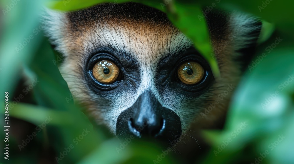 Obraz premium A captivating close-up of a lemur's eyes peering curiously through lush green foliage, illustrating themes of wildlife observation and the beauty of nature.