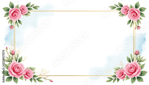 Watercolor pink rose and leaf border on a white background.