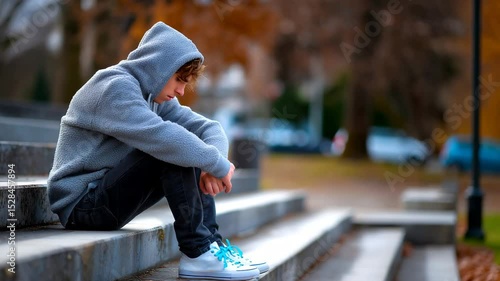 Teenage boy in hoodie sits alone on park curb, head down, illustrating loneliness, stress and depression