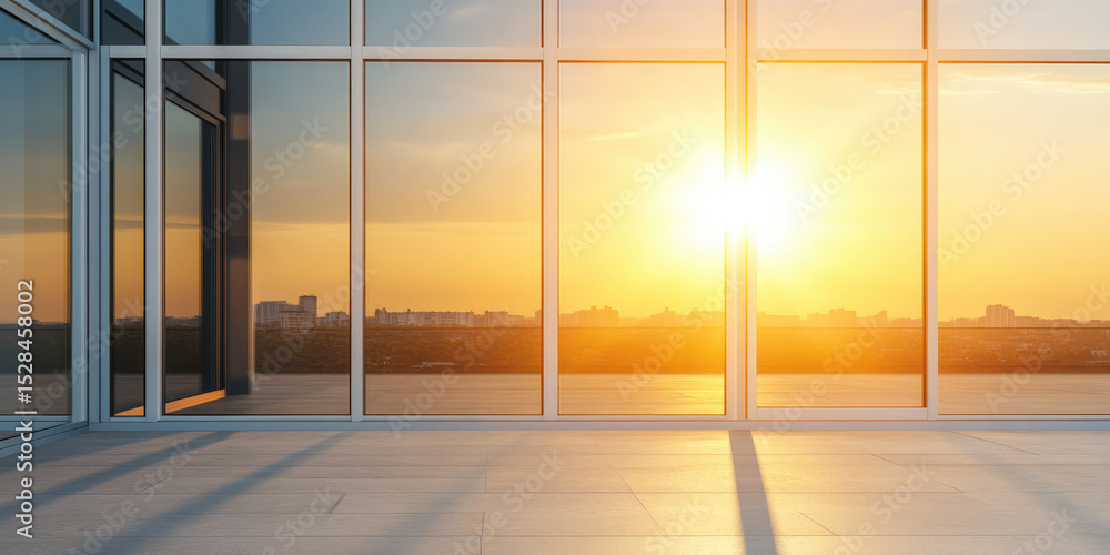 Fototapeta premium Modern glass windows reveal a stunning sunset over a distant cityscape. Urban serenity and natural beauty