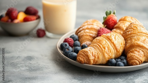 Wallpaper Mural A plate of fresh, flaky croissants surrounded by an assortment of colorful berries and a smoothie signifies an indulgent breakfast, celebrating culinary beauty and the joy of eating. Torontodigital.ca
