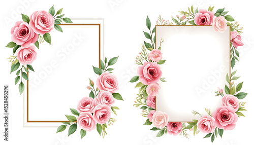 Set of golden frames decorated with watercolor pink roses and leaves.
