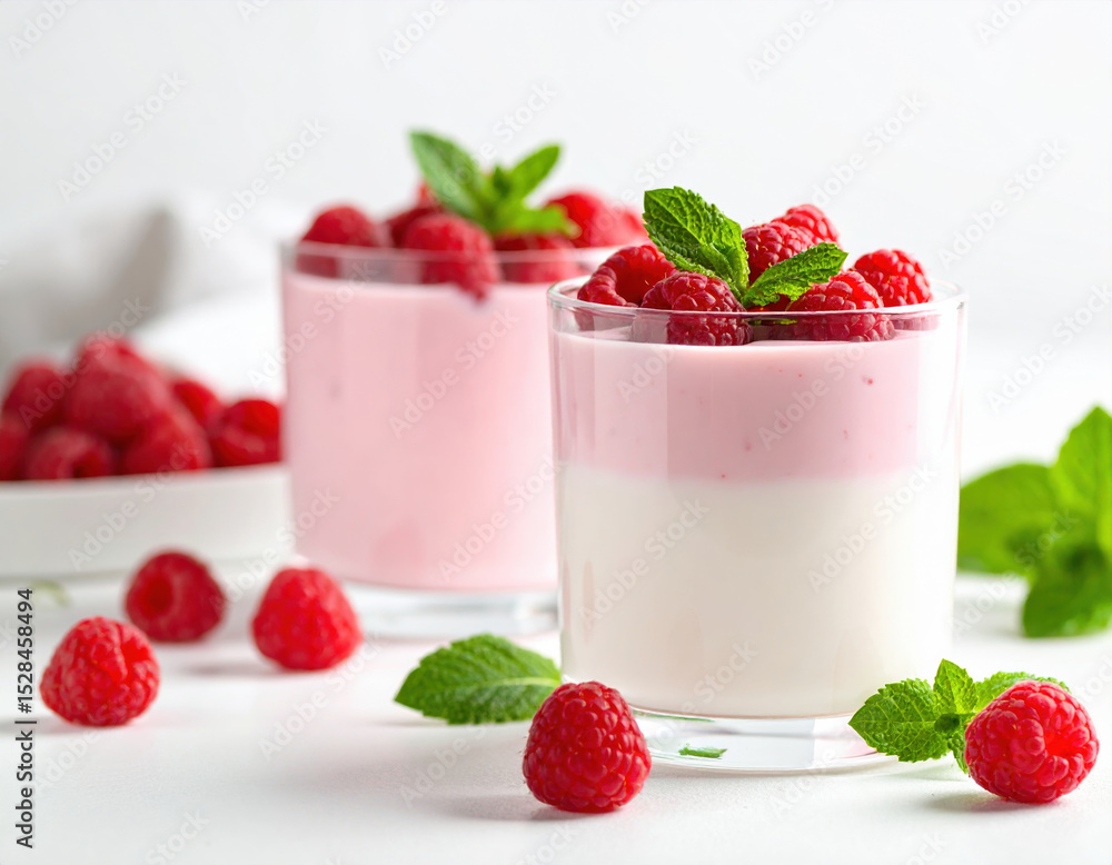 Refreshing raspberry yogurt parfait showcases layers of creamy yogurt topped with fresh raspberries and mint leaves, perfect for summer enjoyment Refreshing raspberry yogurt parfait showcases layers of creamy yogurt topped with fresh raspberries and mint leaves, perfect for summer enjoyment