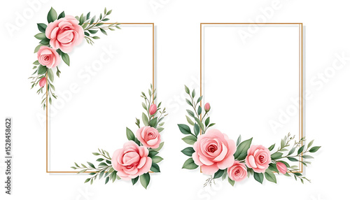 Set of golden frames decorated with watercolor pink roses and leaves.