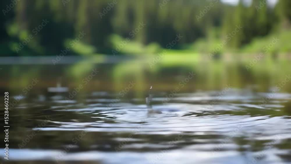 Close up slow motion water droplets falling into a tranquil lake creating ripples with blurred forest background Close up slow motion water droplets falling into a tranquil lake creating ripples with blurred forest background