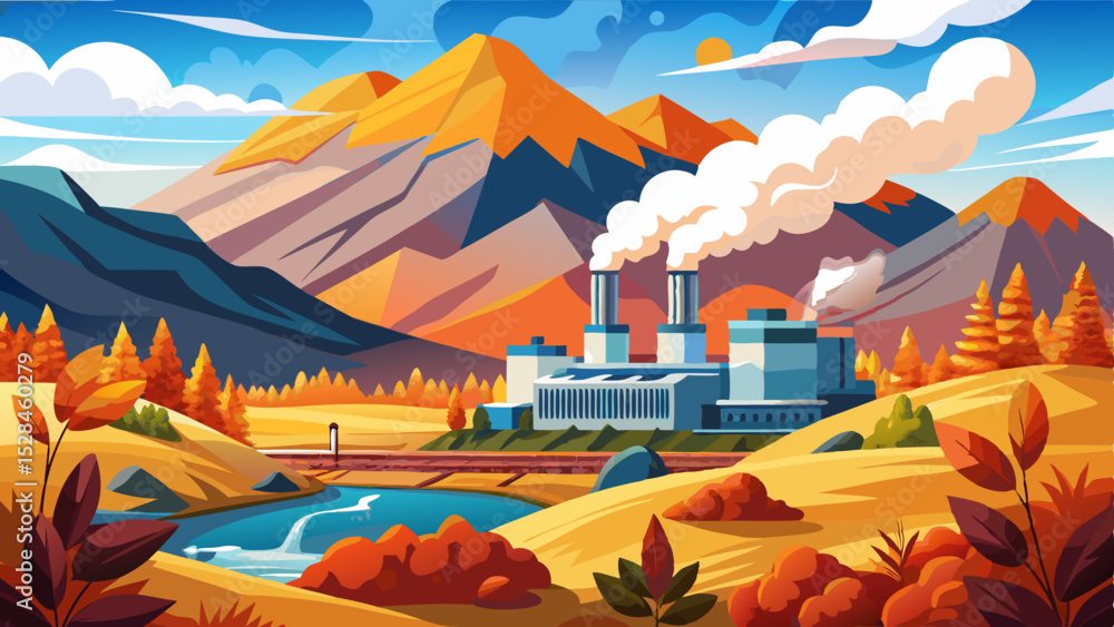 Naklejka premium Geothermal plant steaming, mountain backdrop, autumnal landscape, energy production Very beautiful