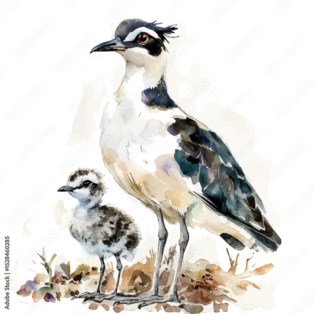 Obraz premium A Mother Lapwing With Her Kid, watercolor vector, high quality, isolated on a white background.