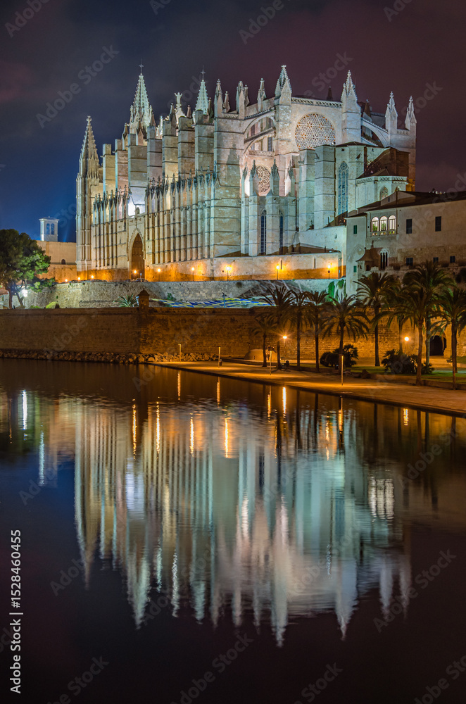 Obraz premium Night view of the Cathedral of Santa Maria of Palma, Mallorca, Balearic Islands, Spain