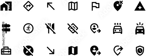 Black and white car app icons set featuring arrow, house sign, circled F, down arrow, triangle, hand warden, truck silhouette, and swirl shield, vector on white