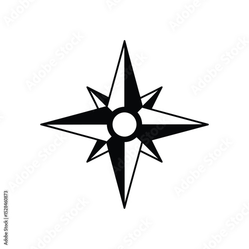 A black and white compass rose graphic, showing four cardinal directions and intermediate points.