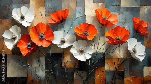 Vibrant Poppy and Anemone Floral Still Life Painting on Textured Background