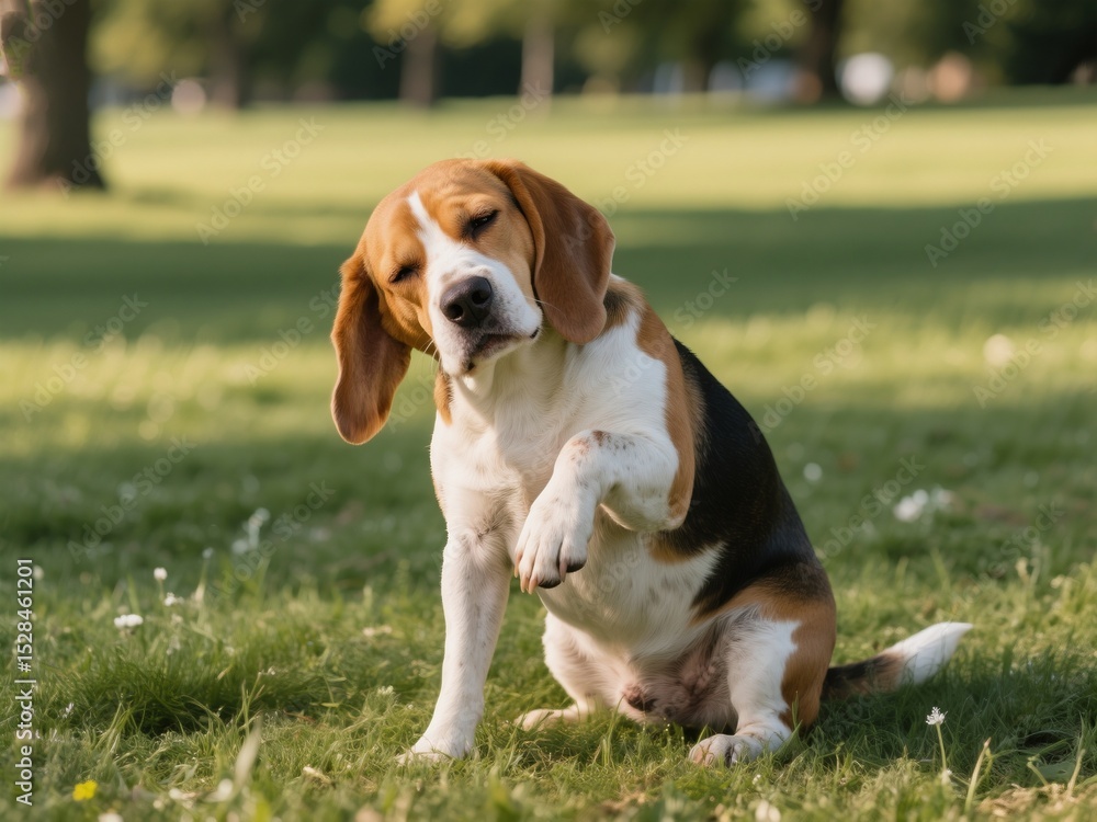 A beagle dog is sitting on the grass A beagle dog is sitting on the grass