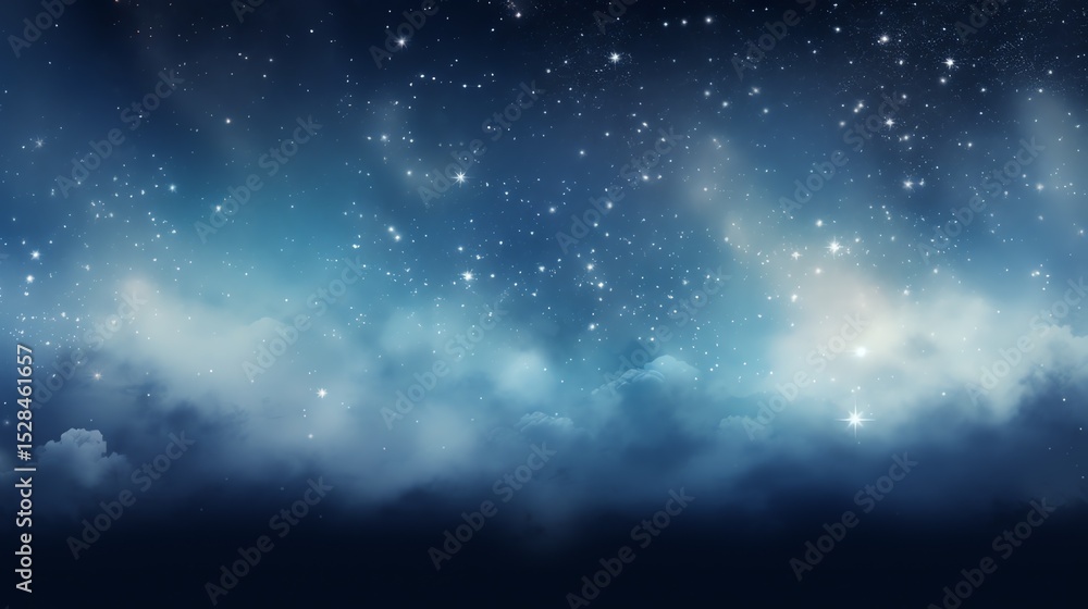 Obraz premium Navy blue celestial backdrop with white stars, dark edges, cosmic, nebula space, clouds and dust particles