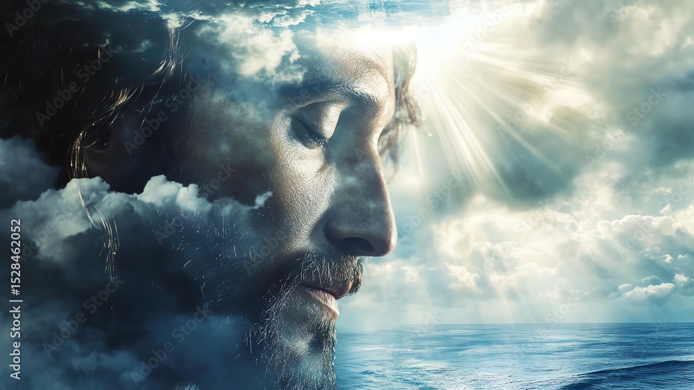 Fototapeta premium An illustration of Jesus Christ the Lord, double exposure with the clouds and beams of sunlight