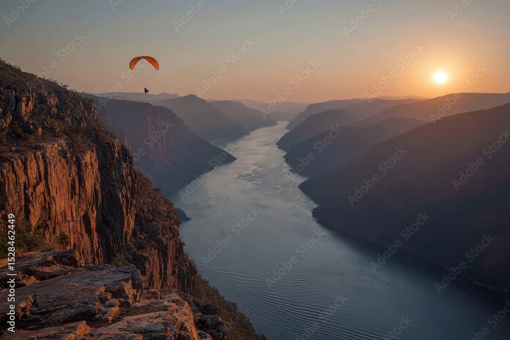 Fototapeta premium A paraglider soars above a river canyon at sunset, with dramatic rock cliffs, layered mountains and a golden sky creating a breathtaking and adventurous scene.