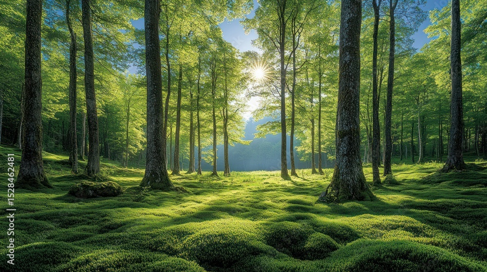 Obraz premium Lush green forest floor bathed in sunlight. Sunlight filters through trees