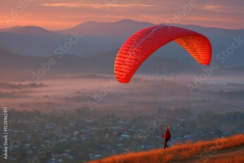 A paraglider soars over a misty valley at sunrise, with mountains in the background creating a sense of peace and adventure in the landscape's golden light.