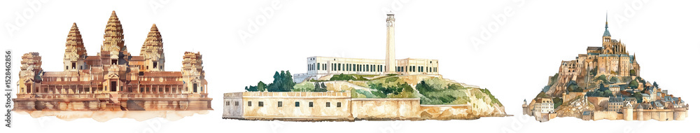 Fototapeta premium PNG Iconic landmarks watercolor illustration, element set on transparent background