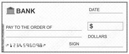 Bank check, vector blank money cheque, checkbook template with guilloche pattern and fields. Currency payment coupon, money check background